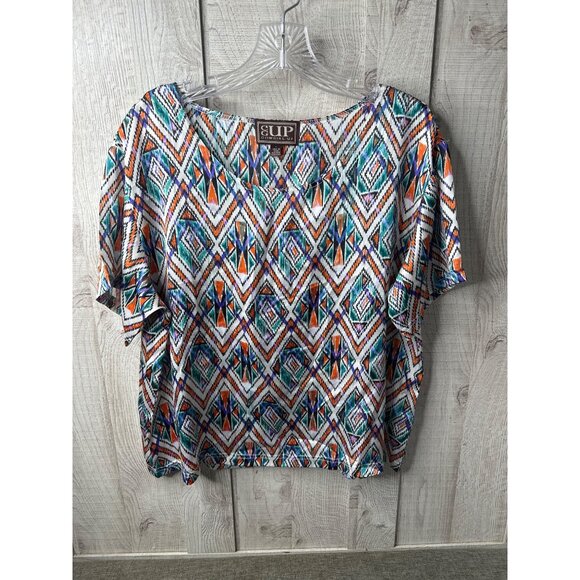 Cowgirl Up Womens Colorful Southwestern Aztec Print Blouse Large Blue Orange - Picture 1 of 7